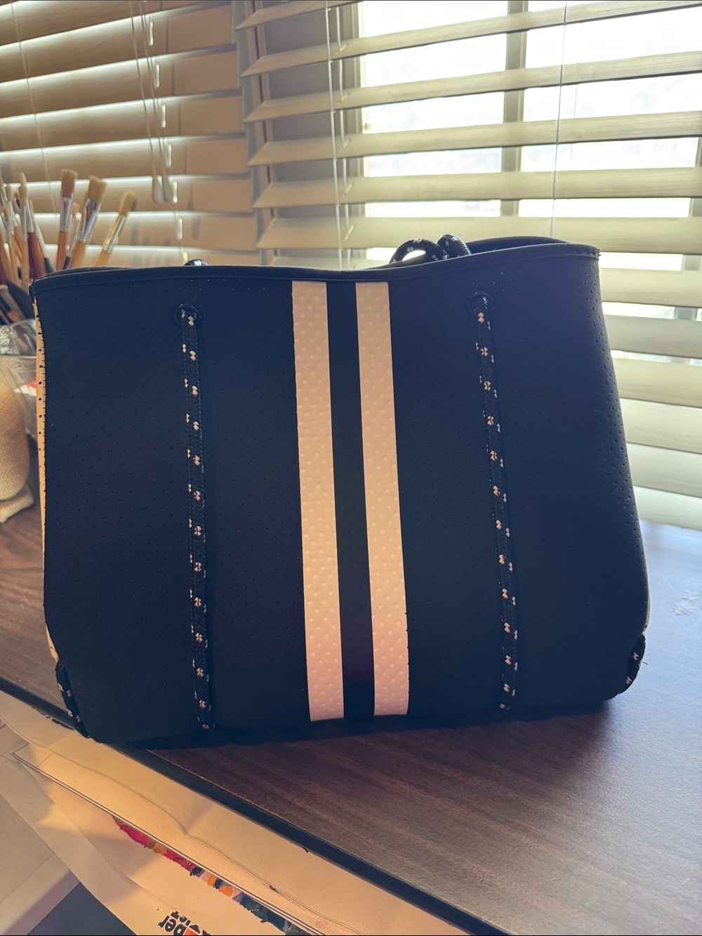Black Tote Bag with White Center Stripes